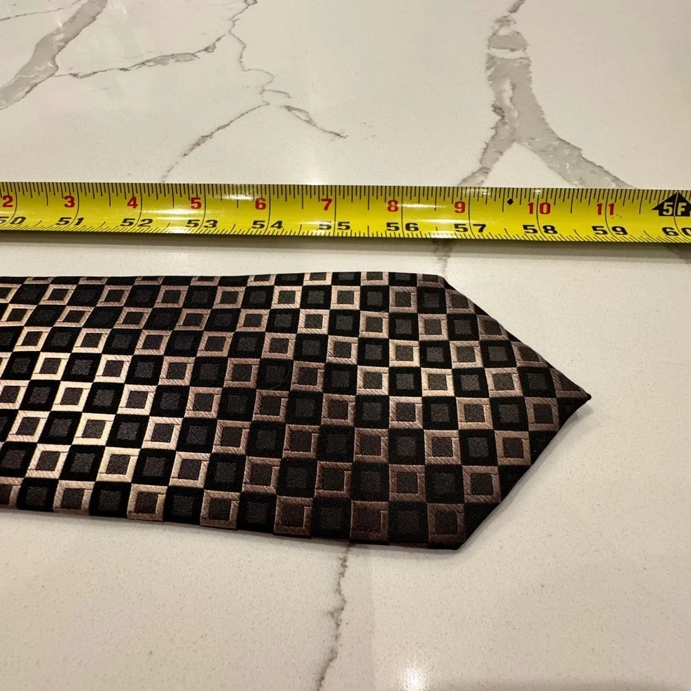 Kenneth Cole Reaction Men Silk Necktie Black Bronze Geometric Square Pattern Tie